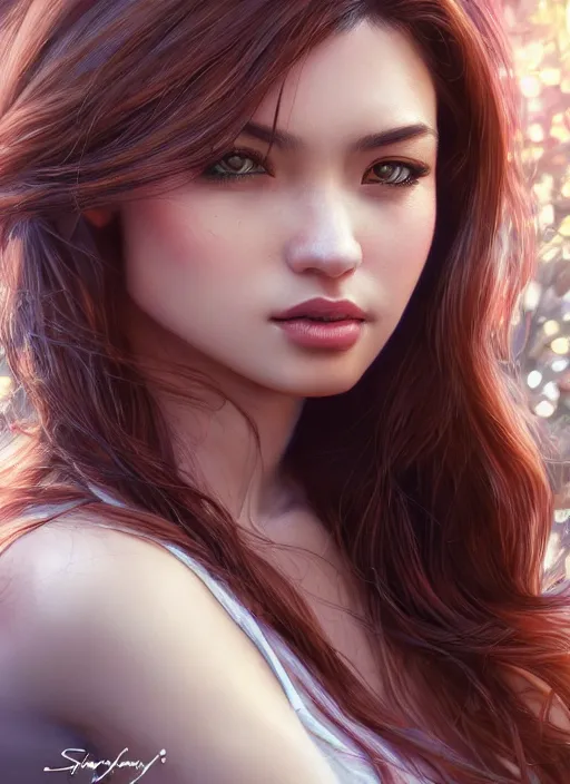Image similar to photo of a gorgeous female in the style of stefan kostic, realistic, half body shot, sharp focus, 8 k high definition, insanely detailed, intricate, elegant, art by stanley lau and artgerm, bokeh foliage