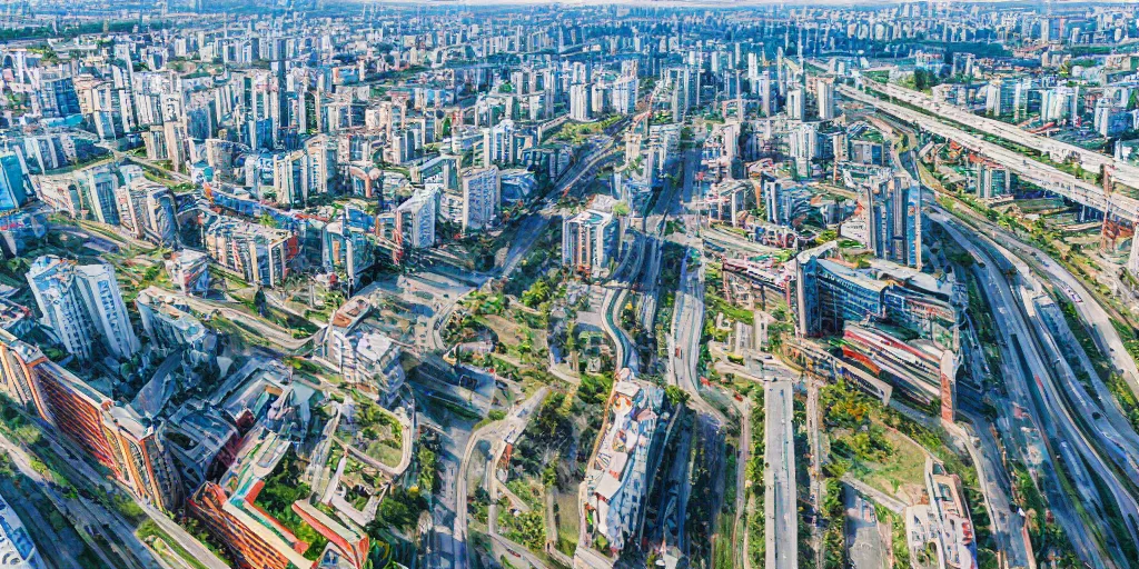 Prompt: bird's eye view photograph of a highrise Russian city, apartments, train station, pond, wide roads, no watermarks, extremely detailed photography