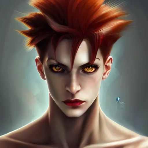 Prompt: portrait of hisoka morow hunter hunter, very thin lips male, small eyes very thin pursed lips extremely sharp jaw yellow eyes narrow almond eyes sultry eyes dark red hair soft hair slicked back crimson hair anime, madonna bowie elegant, highly detailed, digital painting, artstation art by artgerm and greg rutkowski and alphonse mucha