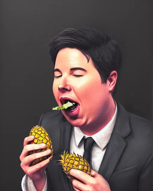 Prompt: Portrait of a drunk Michael Mcintyre eating a pineapple in a nightclub in Porto,real life skin, intricate, elegant, highly detailed, artstation, concept art, smooth, sharp focus, photo