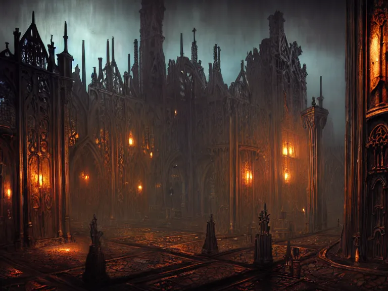 Image similar to steam necropolis, memento mori, gothic, neo - gothic, art nouveau, hyperdetailed copper patina medieval icon, stefan morrell, philippe druillet, ralph mcquarrie, concept art, steampunk, unreal engine, detailed intricate environment, octane render, moody atmospherics, volumetric lighting, ultrasharp, ominous, otherworldly