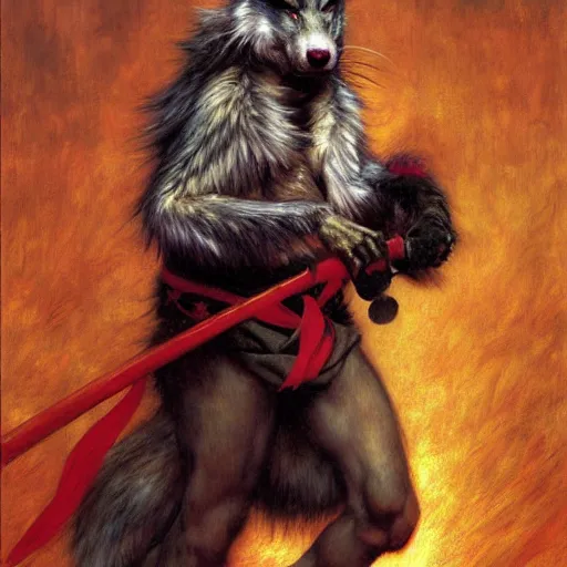 Prompt: a male ninja ratwolfman rat wolf man in a red kimono furry arms furry body walking stick. furaffinity furry art detailed face painting by gaston bussiere craig mullins jc leyendecker gustav klimt artgerm greg rutkowski furry