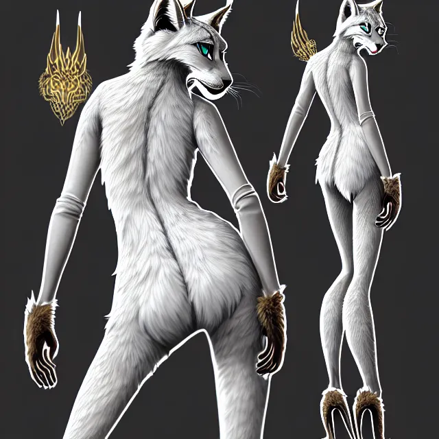 Image similar to the full body of anthropomorphic lynx fursona from behind wearing a steampunk suit as unimaginably beautiful, gorgeous, elegant, young woman with lynx head, an ultrafine hyperdetailed illustration by furaffinity, intricate linework, white fur, unreal engine 5 highly rendered, global illumination, radiant light, detailed and intricate environment