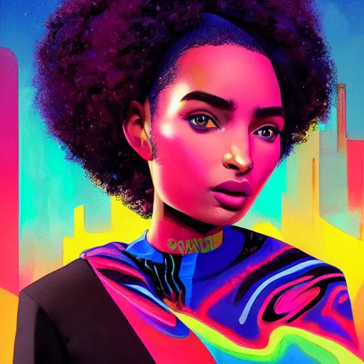 Image similar to electric yara shahidi, afrofuturism, cute - fine - face, pretty face, oil slick hair, realistic shaded perfect face, extremely fine details, realistic shaded lighting, dynamic background, poster by by ilya kuvshinov katsuhiro otomo, magali villeneuve, artgerm, jeremy lipkin and michael garmash and rob rey