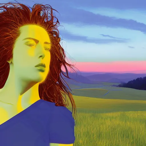 Image similar to silhouette of woman with flowing hair overlooking an expansive green hillside while leaves and a blue-yellow sky beam, extremely moody lighting, glowing light and shadow, atmospheric, fine art, trending, featured, 8k, photorealistic, complex,symmetrical , 3-point perspective, hyper detailed, unreal engine 5, IMAX quality, cinematic, high resolution, 3D, PBR, path tracing, volumetric lighting, octane render, arnold render