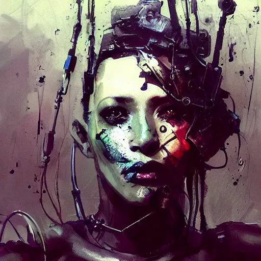 Image similar to black female cybernetic dream hunter, cyberpunk, wires, skulls!! machines ( by emil melmoth zdzislaw belsinki craig mullins yoji shinkawa ) realistic render ominous detailed photo atmospheric by jeremy mann francis bacon and agnes cecile ink drips paint smears!! digital glitches glitchart!!