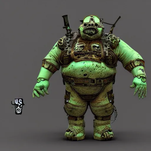 Prompt: highly detailed steampunk morbid obese undead heavy soldier with heavy machine guns, pipes connected to the head, madmax, intricate, rusty, green radioactive glow, toxic waste, 3D render