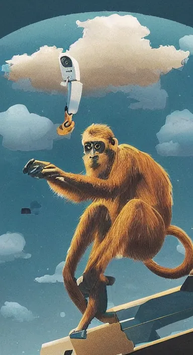 Image similar to “ big eye monkey holding laser gun floating in clouds, digital art, super aesthetic, art station childish style ”