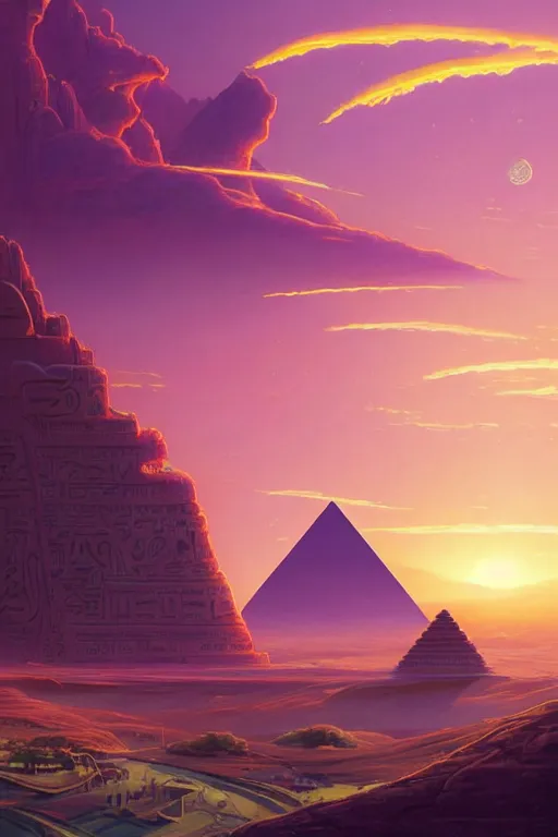 Image similar to Epic Afrofuturism landscape where Egyptian gods preside over distant temples, palaces, and ecotopia hydroponic installations , pink diffused skies, sunset, Zoomed out vast vista, HD, Pixar movie quality. Trending on DeviantArt, highly detailed, 2d game poster by Jesper Ejsing, by RHADS, Makoto Shinkaih and Lois van baarle, ilya kuvshinov, rossdraws, cinematic , hyper-realistic, depth of field, coherent, high definition, 8k resolution octane renderer,