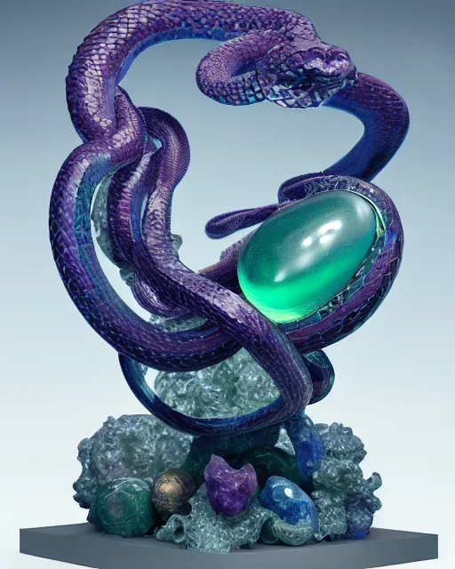 Prompt: a photo of a sculpture of a snake encircling a marble egg made from blue and emerald and amethyst crystal geode formations with liquid gold tendrils by jean pierre roy by stanisław szukalski by beeple, octane render, recursive, tendrils, tessellation, elestial crystals, geode, refracted light