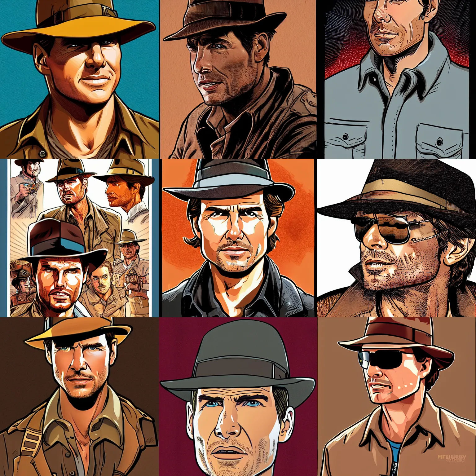 Prompt: centered cell shaded! head portrait of tom cruise as indiana jones llustration, art by laurie greasley