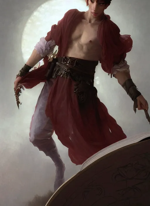 Image similar to character concept portrait of an attractive young focused Spanish wizard with pale red skin enchanting an arousal spell, a floating iridescent spell book in the center, intricate, elegant, digital painting, concept art, smooth, sharp focus, illustration, from Metal Gear, by Ruan Jia and Mandy Jurgens and William-Adolphe Bouguereau, Artgerm