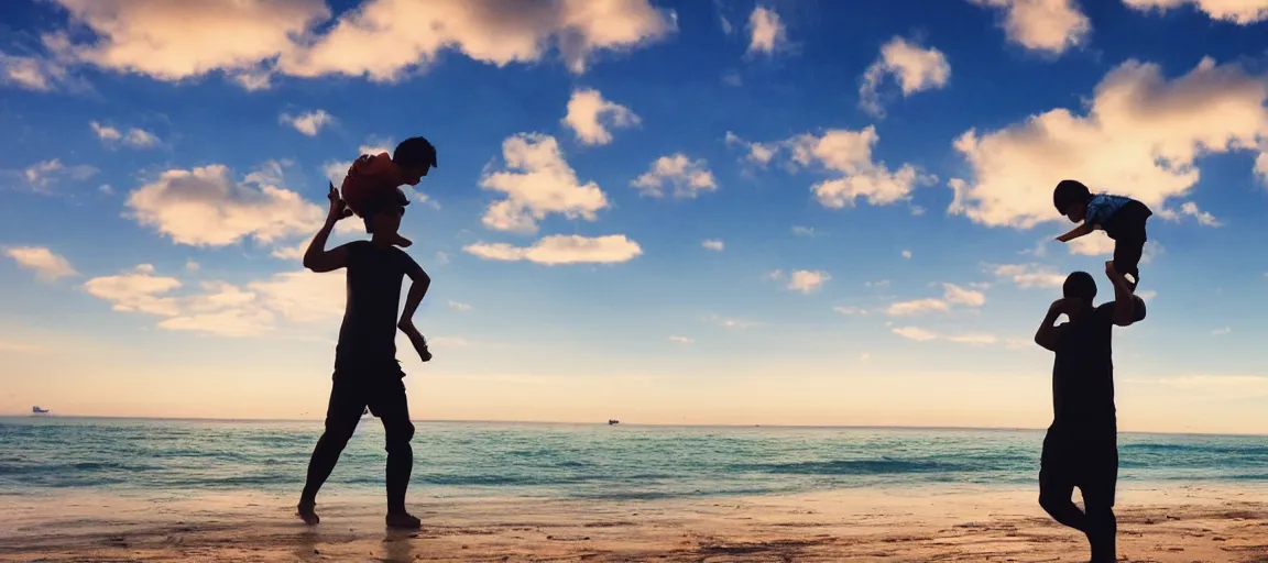 Prompt: a man carrying his child on his shoulders, walking at the beach, early morning, beautiful clouds in the sky, rule of thirds, in the style of studio ghibli and disney,