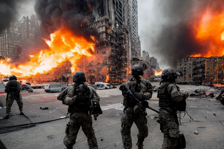 Prompt: Mercenary Special Forces soldiers in grey uniforms with black armored vest and black helmets assaulting a burning exploding devastated New York city in 2022, Canon EOS R3, f/1.4, ISO 200, 1/160s, 8K, RAW, unedited, symmetrical balance, in-frame, combat photography, colorful