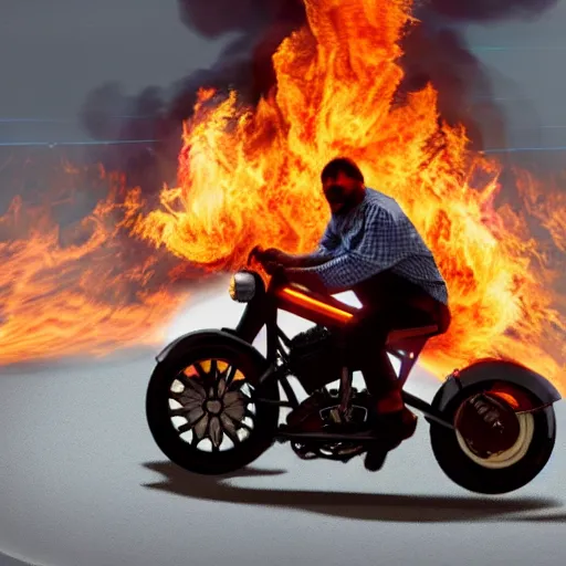 Image similar to a man with a burning skull head riding a flaming motercycle