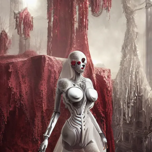 Prompt: female gothic robots with human organ and blood, dressed in white intricate lace, veils and jewels, epic environment, matte painting, diffused lighting, highly detailed, cinematic, epic atmosphere, digital art, trending on artstation, wide angle