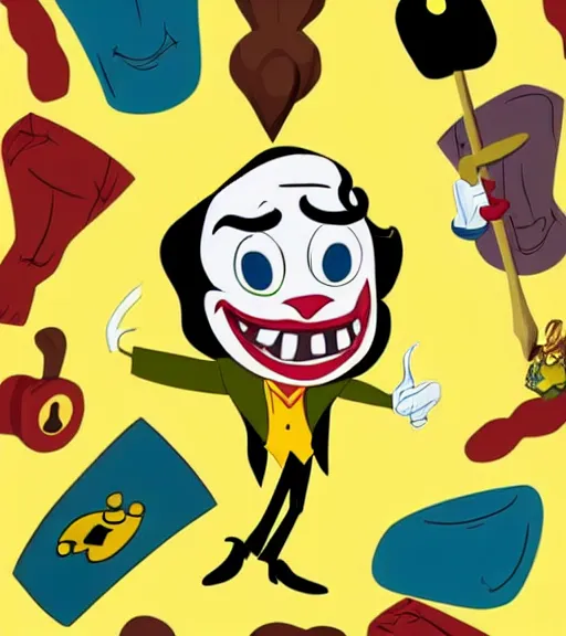 Prompt: joker and hammer, yellow background, disney animation