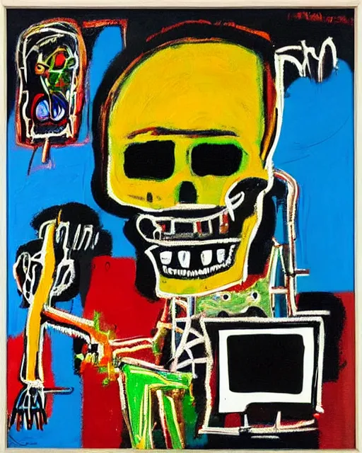 Image similar to oil neo expressionism painting of skull skeleton playing video games by basquiat