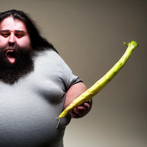 Prompt: a photo of a very hairy and angry very fat man with long hair holding a 1 m long yam