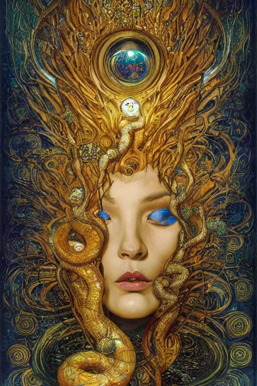 Prompt: Rebirth by Karol Bak, Jean Deville, Gustav Klimt, and Vincent Van Gogh, majestic portrait of a sacred serpent, Surreality, radiant halo, shed iridescent snakeskin, otherworldly, fractal structures, celestial, arcane, ornate gilded medieval icon, third eye, spirals