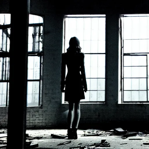 Image similar to runaway beautiful supermodel replicant looking out the window in a dirty abandoned factory, still from closed circuit tv footage, high angle