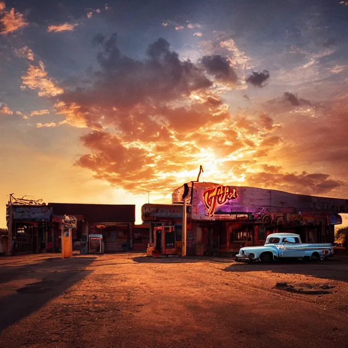 Image similar to a sunset light landscape with historical route 6 6, lots of sparkling details and sun ray ’ s, blinding backlight, smoke, volumetric lighting, colorful, octane, 3 5 mm, abandoned gas station, old rusty pickup - truck, beautiful epic colored reflections, very colorful heavenly, softlight