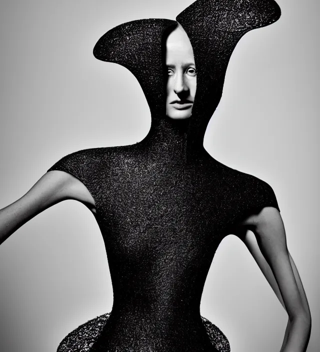 Image similar to photography portrait of one female fashion model wearing fluid sophisticated dress by iris - van - herpen