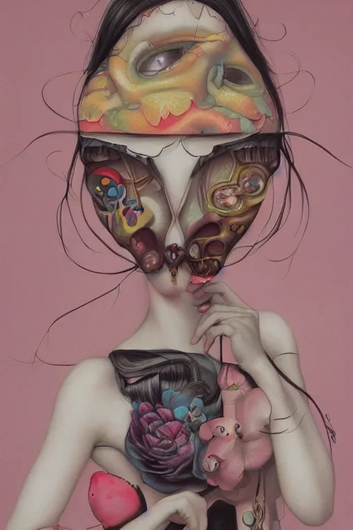 Image similar to pop surrealism, lowbrow art, realistic cute girl painting, japanese street fashion, hyper realism, muted colors, trevor brown style