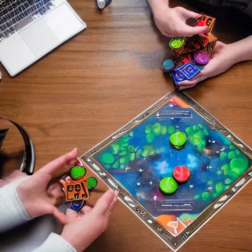 Prompt: overhead shot of an innovative planet themed card game being played on a wooden table