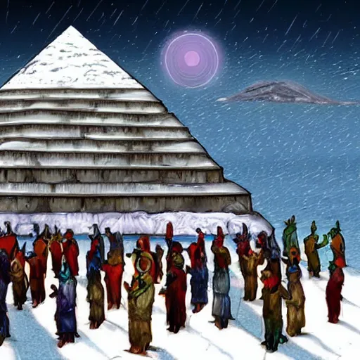 Image similar to ancient digital art, trending on artstation, civilization from antarctica worshiping their god in front of an iced pyramid.