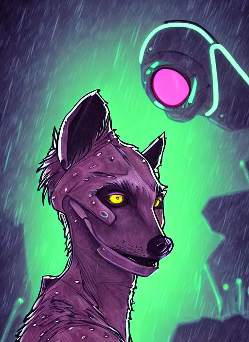 Image similar to cell shaded digital drawing of anthromorphic hyena female, fursona, furry fandom, neon rainy cyberpunk setting, anthro, wearing cyberpunk leather jacket, detailed face,