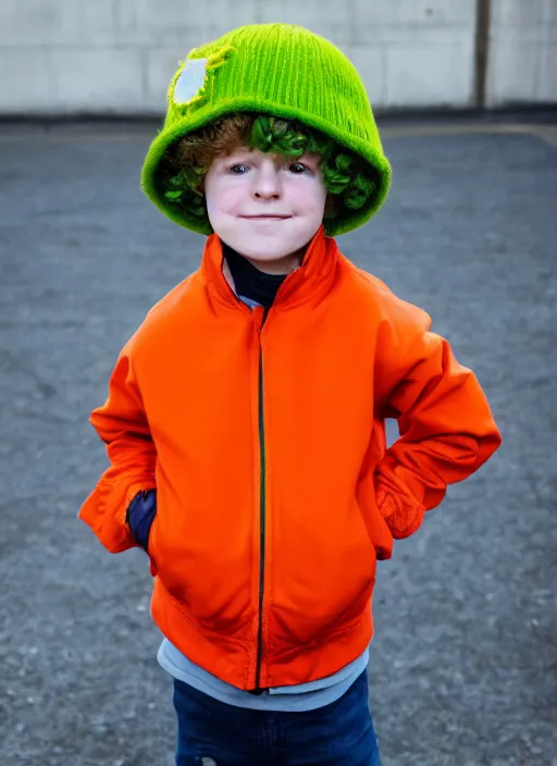 Image similar to portrait photo still of real life young kyle broflovski wearing an orange jacket and green hat, 8 k, 8 5 mm, f. 1 4