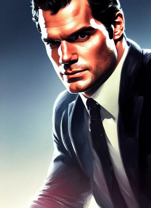 Image similar to portrait of henry cavill as james bond, highly detailed, digital painting, artstation, concept art, cinematic lighting, sharp focus, illustration, art by artgerm and greg rutkowski and alphonse mucha