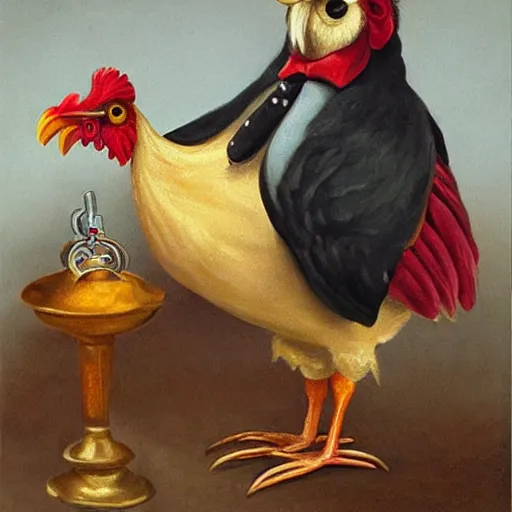Prompt: a humanoid chicken butler with a fancy mustache and a monocle, highly detail, oil painting , accurate anatomy,
