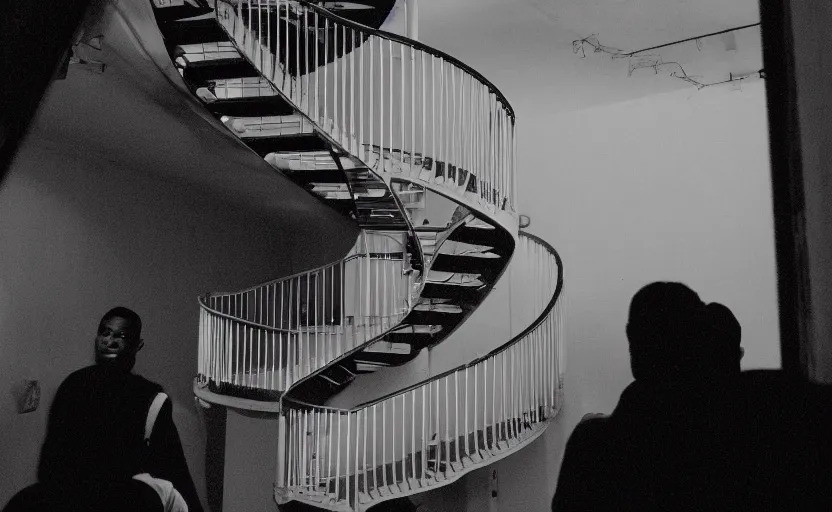 Image similar to zoomed out photo of frank ocean walking up a spiral staircase in the centre of the room, greyscale,