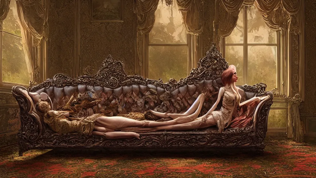 Prompt: a beautiful woman sitting on an ornate victorian couch made out of decomposing animals, intricate, detailed, volumetric lighting, sharp focus, photorealism, digital painting, highly detailed, concept art, by roger dean and simon stalenhag and mark brooks