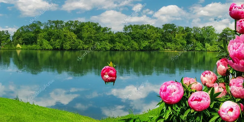 Prompt: summer manor with peony flowers and lake, bokeh