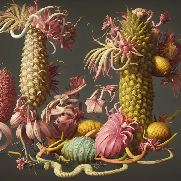 Image similar to still life of surreal alien pastel tropical flowers, surreal alien ribbed tropical fruit, white human spine, baroque painting, beautiful detailed intricate insanely detailed octane render, 8K artistic photography, photorealistic, chiaroscuro, Raphael, Caravaggio