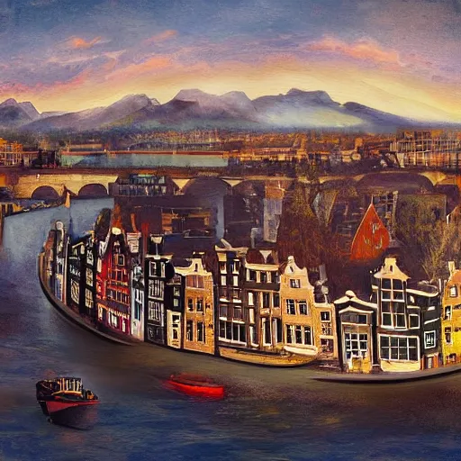 Prompt: amsterdam painting with mountains in the distance and flying dragons realistic high detail