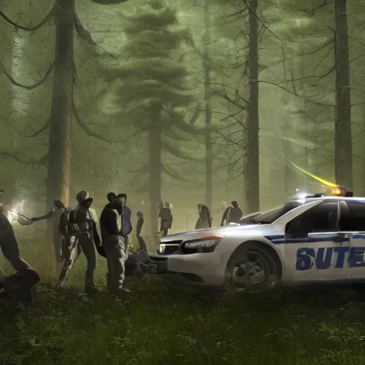 Prompt: a [ team of scientists, police officers, and news reporters ] surround a crashed ufo in the [ middle of a forest ]!!, [ digital art ]!!, trending on cgsociety, 4 k quality