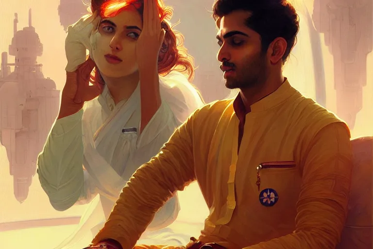 Image similar to Sensuous good looking pale young Indian doctors wearing jeans in a space station above Earth, portrait, elegant, intricate, digital painting, artstation, concept art, smooth, sharp focus, illustration, art by artgerm and greg rutkowski and alphonse mucha