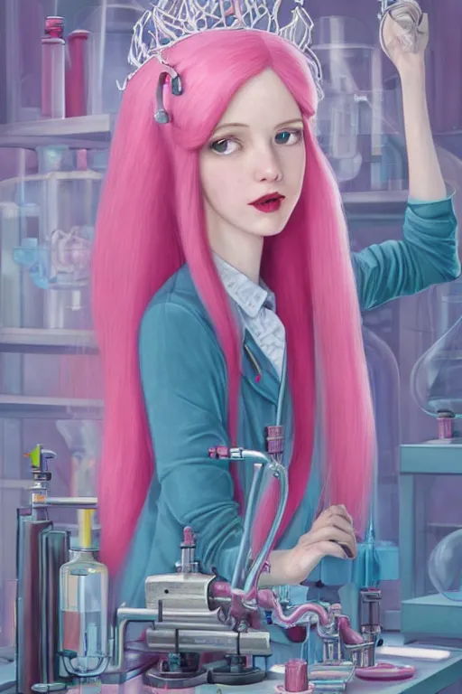 Image similar to highly detailed, industrial photograph profile photo of adult princess bubblegum from adventure time, detailed and intricate environment, working in her science lab, wearing lab coat, long bubblegum hair, long straight bangs, confident, beautiful, attractive, illustration concept art by nicoletta ceccoli, mark ryden, lostfish, 8 k resolution, hyperrealistic, octane render