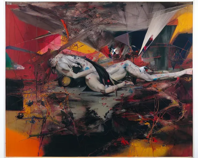 Image similar to the physical impossibility of death, in a brutalist designed space ship, rich deep colours, painted by francis bacon, adrian ghenie, james jean and petra cortright, part by gerhard richter, part by takato yamamoto. 8 k masterpiece