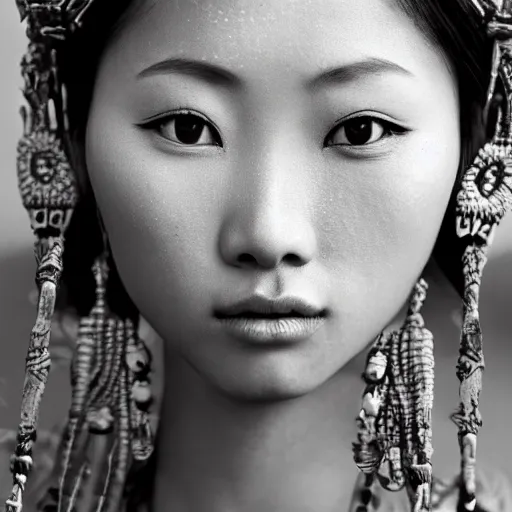 Prompt: vintage portrait of a stunningly beautiful asian tribal female, depth of field, zeiss lens, detailed, symmetrical, centered, fashion photoshoot, by edward s curtis, Annie Leibovitz and Steve McCurry, David Lazar, Jimmy Nelsson, Breathtaking, 8k resolution, extremely detailed, beautiful, establishing shot, artistic, hyperrealistic, beautiful face, octane render