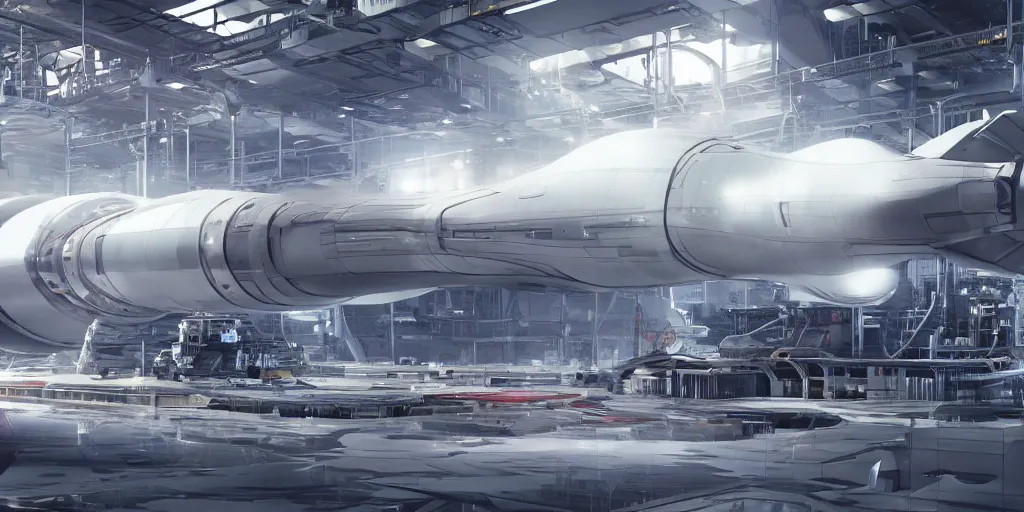 Prompt: 4 k rendered unreal 5 image of a space x starship factory with lots of spaceships and boosters being built by robots, sparks and smoke, wet puddles reflecting