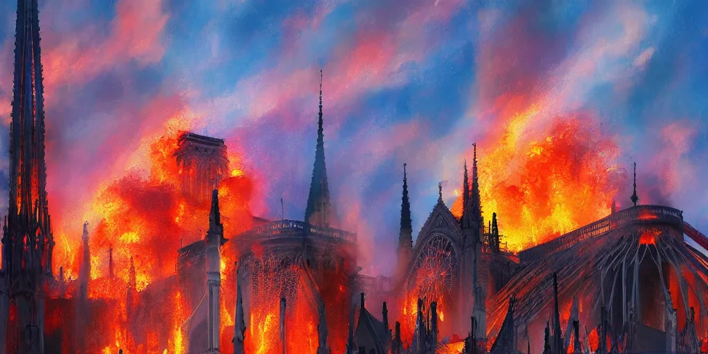 Image similar to fire engulphs the Notre Dame de Paris, abstract art by Makoto Shinkai