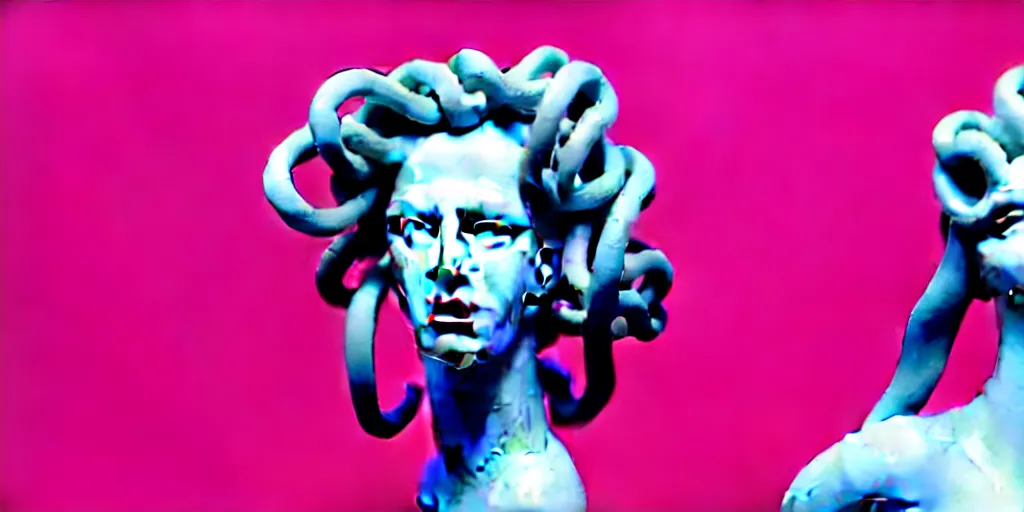 Image similar to modern sculpture, young woman as medusa as miranda sings, multiple poses, vaporwave, low resolution video from 2 0 0 3