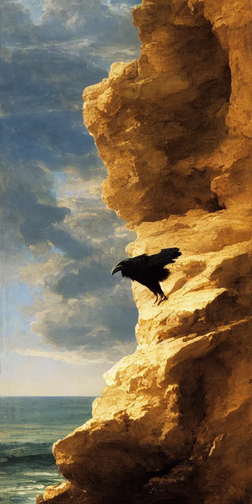 Image similar to a breathtakingly stunningly beautifully highly detailed close up portrait of a raven under a rock arch, epic coves crashing waves plants, beautiful clear harmonious composition, wonderful strikingly beautiful serene sunset, detailed organic textures, by frederic leighton and rosetti and turner and eugene von guerard, 4 k