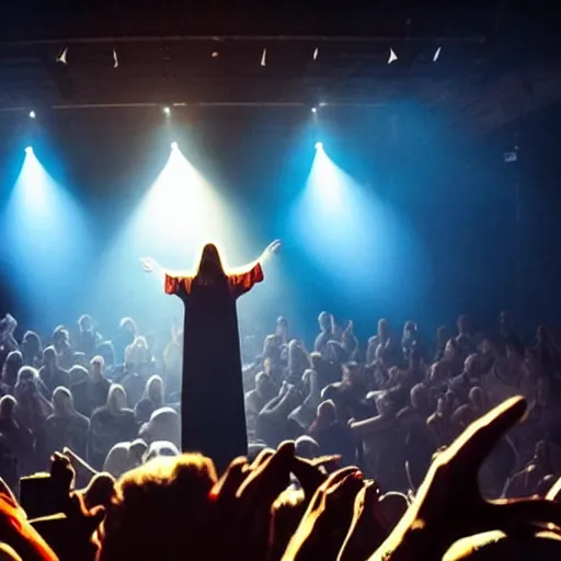 Image similar to Jesus Christ in a rock band, singing on stage, dynamic lighting, dynamic pose