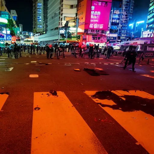 Prompt: violent riots in Hong Kong, wide angle shot neon lights